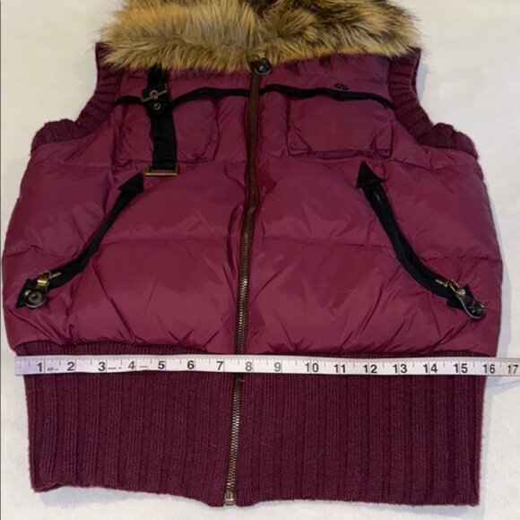 Peeples & Lula Puffer Vest Burgundy Black Faux Fur Collar Stylish Layering Sz S - Picture 14 of 14